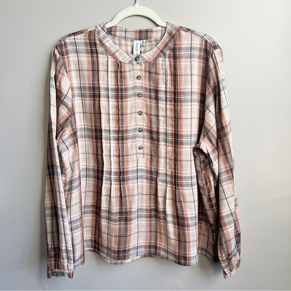Grace + Karma Tops - Grace Karma Top Women's Medium New NWT Plaid Neutral Cotton Gauze Scandi Earthy